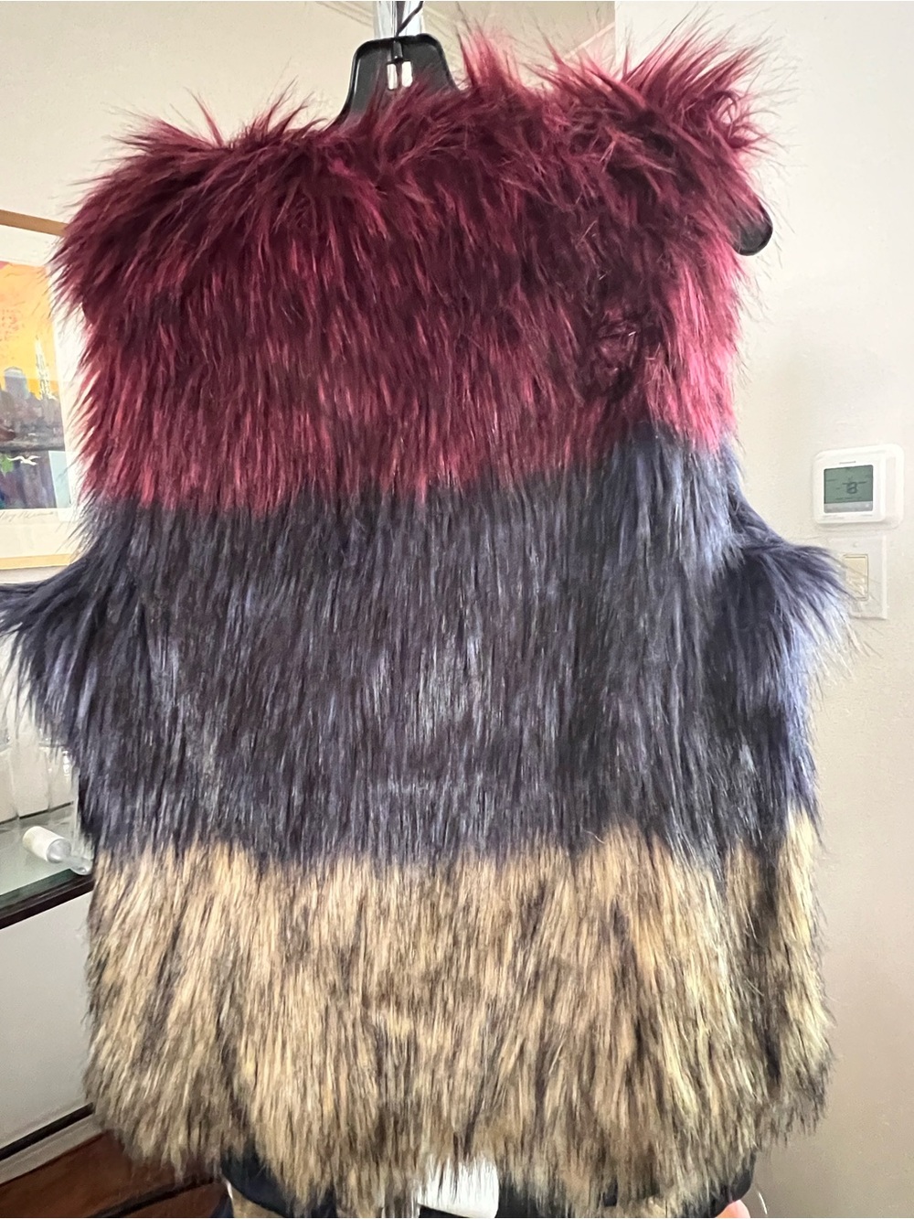 Neiman Marcus Faux Fur Colorblock Teddy Vest - Burgundy, Navy & Tan